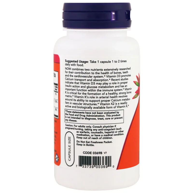 NOW Foods, Vitamines D-3 et K-2, 120 capsules – Image 3